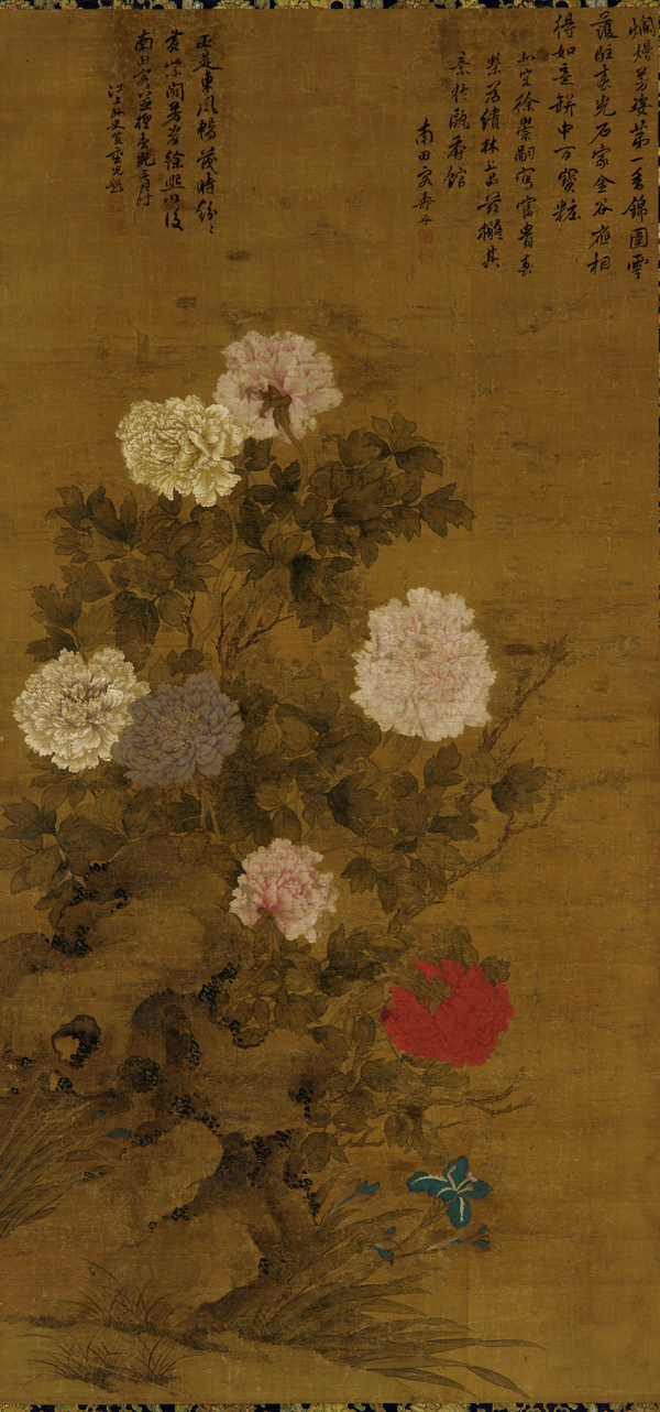 Colorful peonies on a dark green backdrop.