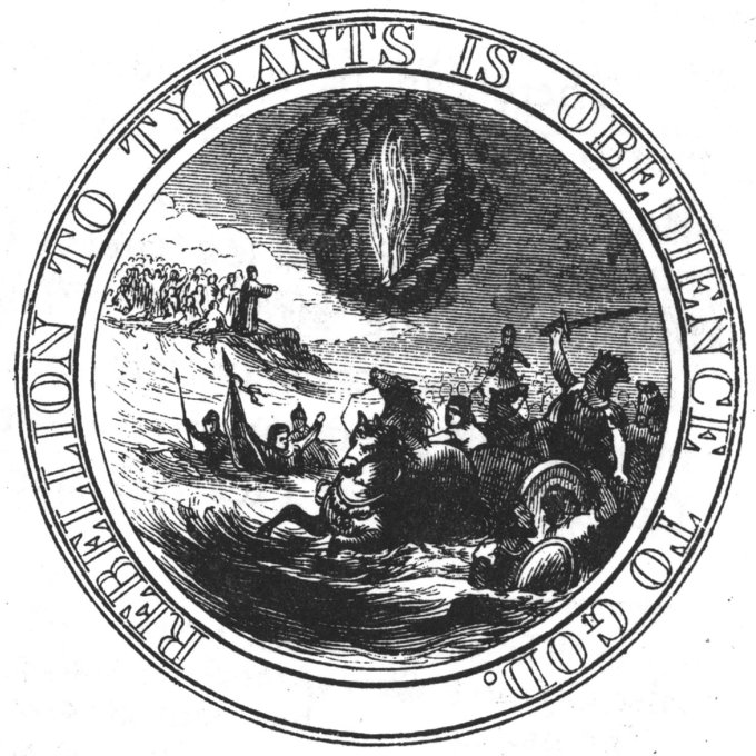 The image on the seal shows Moses standing on the Shore, and extending his Hand over the Sea, thereby causing the same to overwhelm Pharaoh who is sitting in an open Chariot, a Crown on his Head and a Sword in his Hand. Rays from a Pillar of Fire in the Clouds reach to Moses, to express that he acts by Command of the Deity. The motto, "Rebellion to Tyrants is Obedience to God" wraps around the outside of the seal.