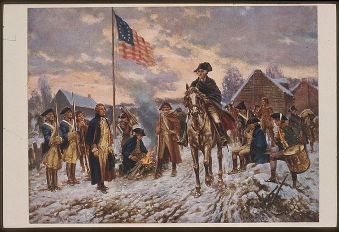 The painting shows Washington sitting on a horse, with many men surrounding him. One of the men is stoking a fire, while another brings more wood. There is snow on the ground, and the flag waves against a gray sky.