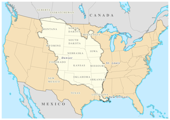 The Louisiana Purchase covered modern-day Nebraska, Iowa, Kansas, Missouri, Oklahoma, and Arkansas, as well as portions of modern-day Montana, North Dakota, Wyoming, South Dakota, Minnesota, Colorado, New Mexico, Texas, Louisiana, Alberta (Canada), and Saskatchewan (Canada).