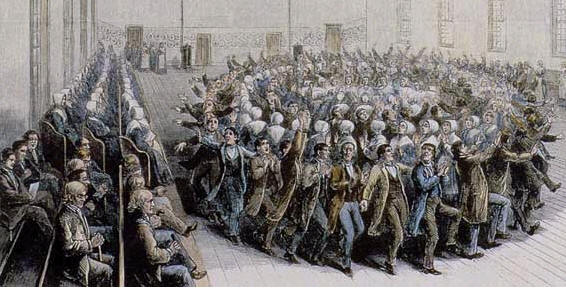 This drawing depicts Shaker men and women dancing in a circular formation during the the height of the Shaker movement, sometime between 1820 and 1860.