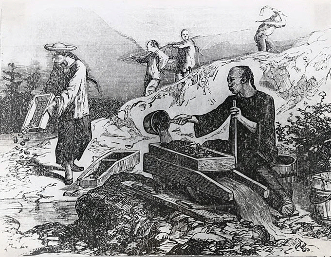 A drawing depicting five Chinese men panning for gold