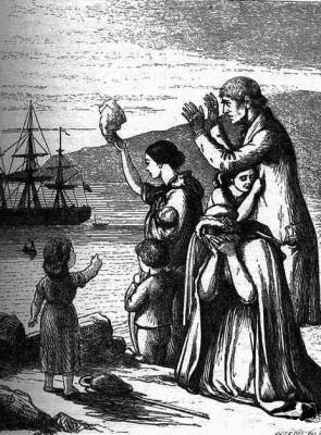 The engraving depicts a family of seven waving forlornly at a ship sailing in the distance.