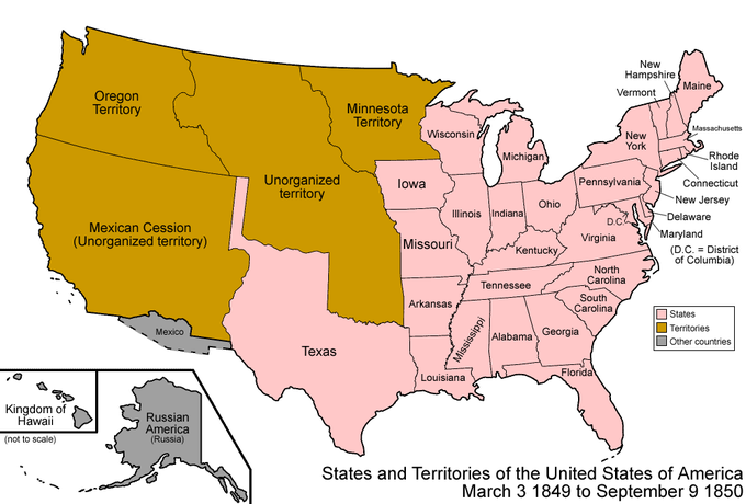 The map distinguishes between states, territories, and land held by other countries. It shows the following states: Maine, New Hampshire, Vermont, Massachusetts, Rhode Island, Connecticut, New York, New Jersey, Pennsylvania, Delaware, Maryland, Virginia, North Carolina, South Carolina, Georgia, Florida, Ohio, Michigan, Indiana, Illinois, Wisconsin, Iowa, Missouri, Kentucky, Tennessee, Alabama, Mississippi, Arkansas, Louisiana, and Texas. It shows four territories: Minnesota Territory, covering modern-day Minnesota and portions of modern-day North Dakota and South Dakota; Unorganized territory, covering modern-day Nebraska and portions of modern-day North Dakota, South Dakota, Montana, Wyoming, Colorado, Kansas, and Oklahoma; Oregon Territory, covering modern-day Washington, Oregon, Idaho, and portions of modern-day Montana and Wyoming; and Mexican Cession, also labelled "Unorganized territory," covering modern-day California, Nevada, Utah, and portions of modern-day Wyoming, Colorado, Kansas, Oklahoma, Arizona, and New Mexico. Finally, it shows three areas of land held by other countries: the coast of modern-day Arizona and New Mexico, which was part of Mexico; modern-day Hawaii, which was the Kingdom of Hawaii; and modern-day Alaska, which was Russian American.