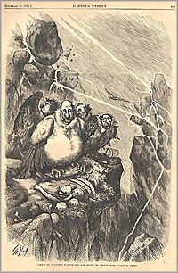 Boss Tweed and the Tammany Ring are shown as vultures perched on a cliff trying to wait out the storm of accusations.
