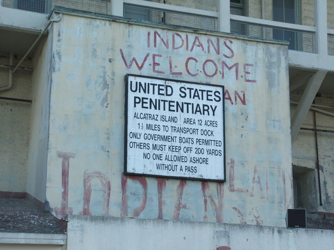 A lingering sign of the 1969–71 Native American Alcatraz Occupation in 2006. The "AN" is what remains of an alteration made to the sign, to make it read "United Indian Property".