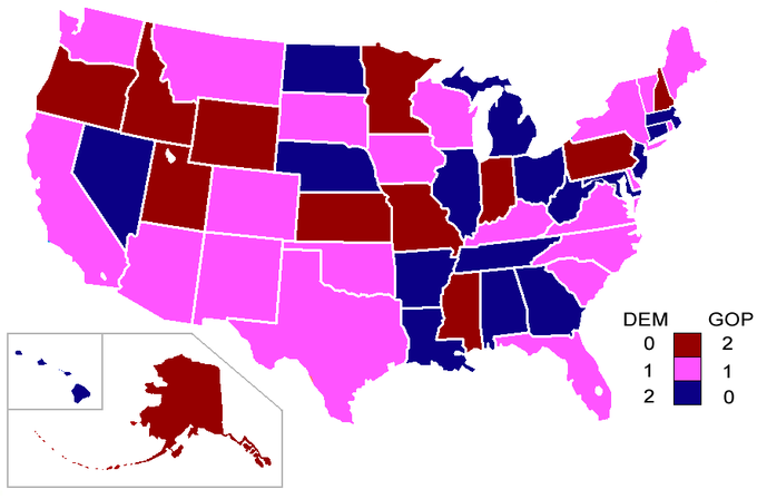 In the 101st Congress, the following states had two Republican seats: New Hampshire, Pennsylvania, Indiana, Mississippi, Minnesota, Missouri, Kansas, Wyoming, Utah, Idaho, Oregon, and Alaska. The following states had one Democratic seat and one Republican seat: Maine, Rhode Island, Vermont, New York, Delaware, Virginia, North Carolina, South Carolina, Florida, Kentucky, Wisconsin, Iowa, South Dakota, Oklahoma, Texas, Montana, Colorado, New Mexico, Arizona, Washington, and California. And, finally, the following states had two Democratic seats: Massachusetts, Connecticut, New Jersey, Maryland, West Virginia, Ohio, Georgia, Michigan, Tennessee, Alabama, Illinois, Arkansas, Louisiana, North Dakota, Nebraska, and Nevada.