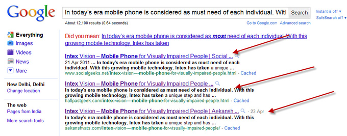 A screenshot from a Google search that shows how plagiarized material is visible online. Three arrows point to sites that have the exact same text.