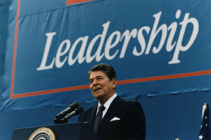 President Ronald Reagan gives a campaign speech.