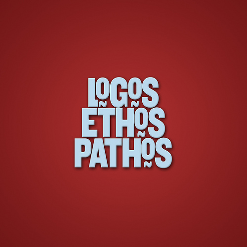 The words "logos," "ethos," and "pathos."