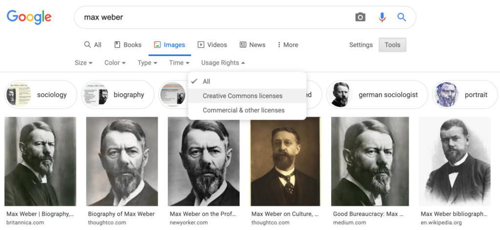 Google search return showing how to use the Tools button to search for images that are under a Creative Commons license.