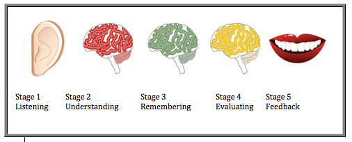 Stages of feedback are shown: Picture 1, an ear: listening. Picture 2, a red brain: understanding. Picture 3, a green brain: remembering. Picture 4, a yellow brain: evaluating. Picture 5, a smiling mouth: feedback.