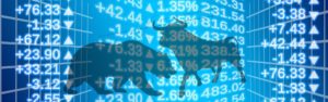 The image has a silhouette of a bear and bull facing off against each other. The image has a background of stock exchange numbers. 