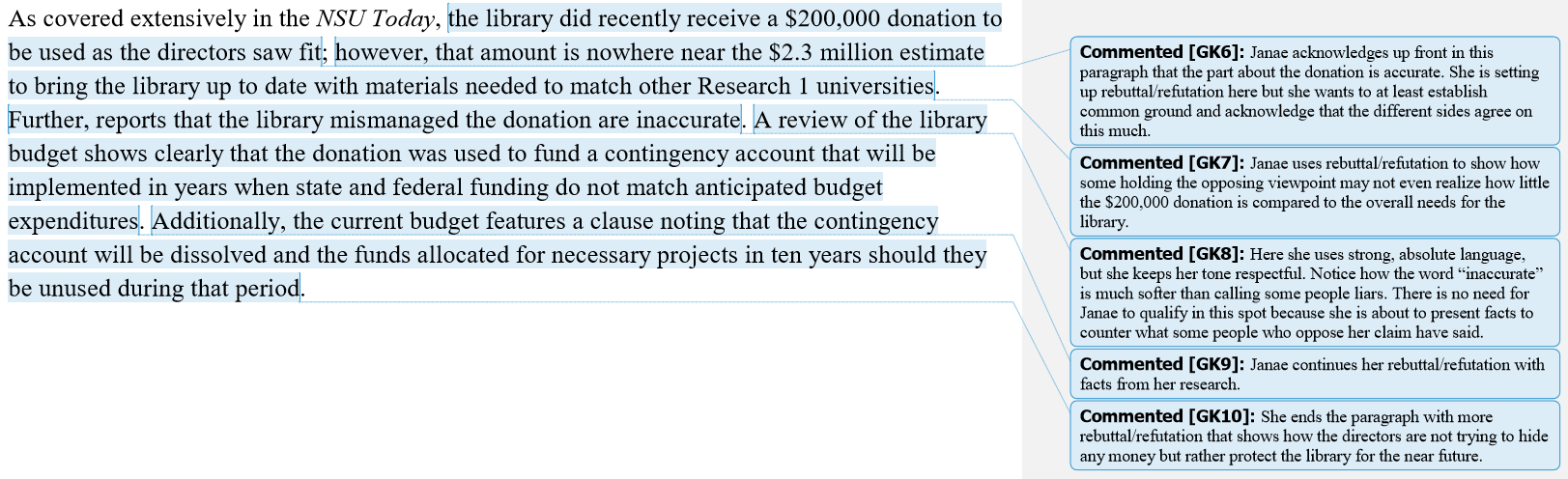 A passage from Janae's paper showing her paragraph along with some comments in the sidebar that point out her respectful language.