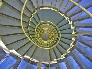 View from above of a spiral staircase