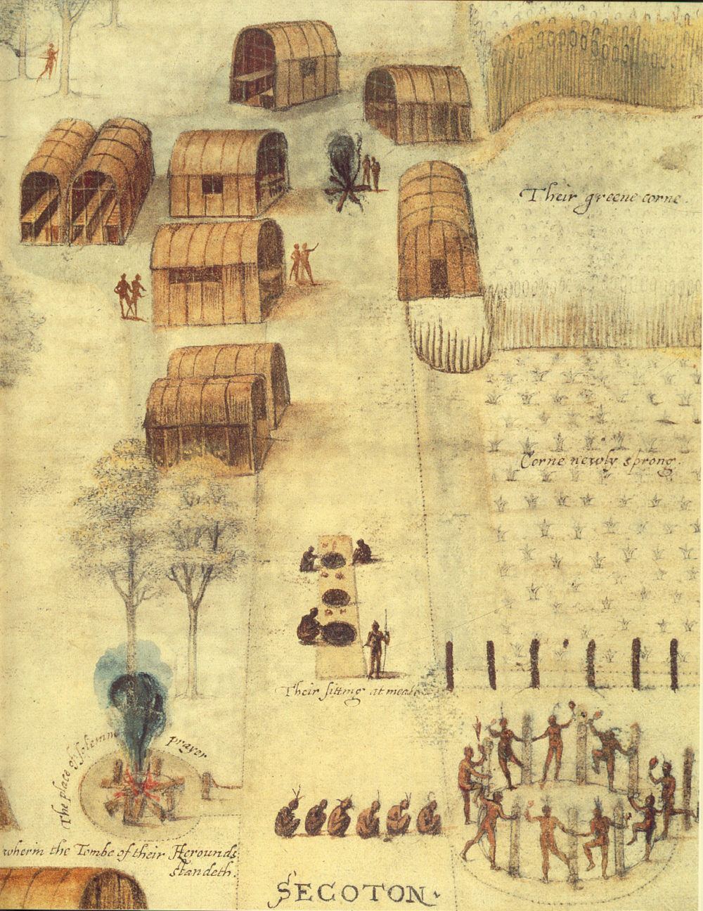 John White shows this Algonquin community engaged in some kind of celebration across from the fire he identified as “The place of solemne prayer.”