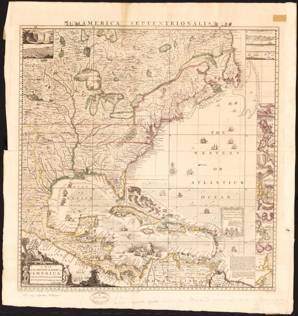 Map drawing of the Americas, highlighting the Caribbean and coastal areas.