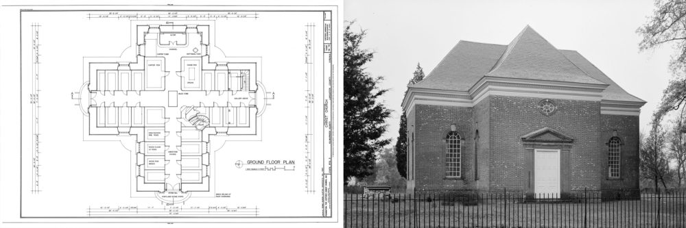 Architectural layout on the left and actual photograph on the right of Christ Church, Virginia, via Library of Congress.