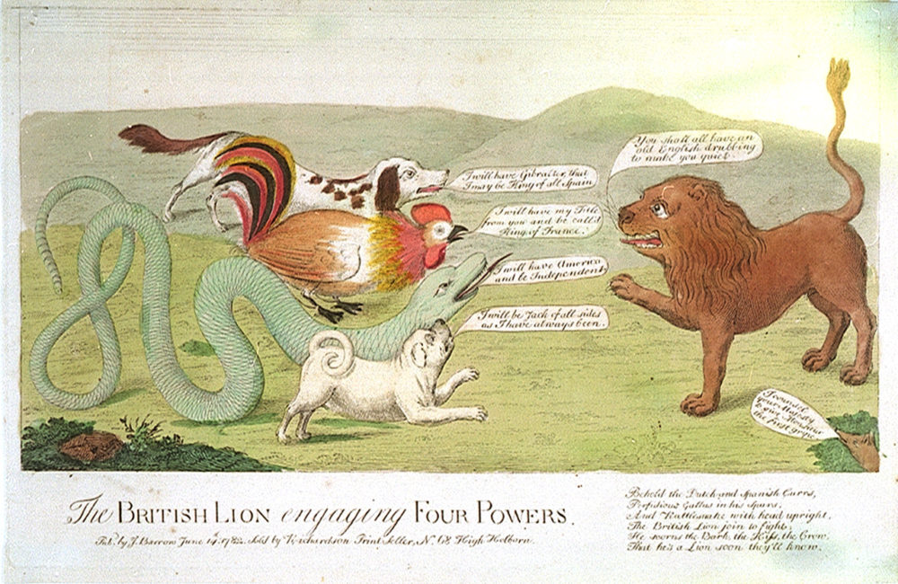 A political cartoon showing Britian as a lion, then other countries that drain its resources are depicted as a spaniel, rattlesnake, rooster, and pug.