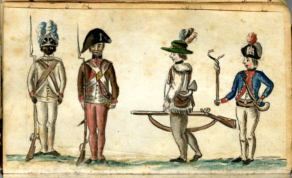 Jean-Baptiste-Antoine DeVerger, "American soldiers at the siege of Yorktown," 1781, via Wikimedia. It shows four soldiers of various backgrounds and styles, including a black soldier, a militiaman, frontiersman, and French soldier.