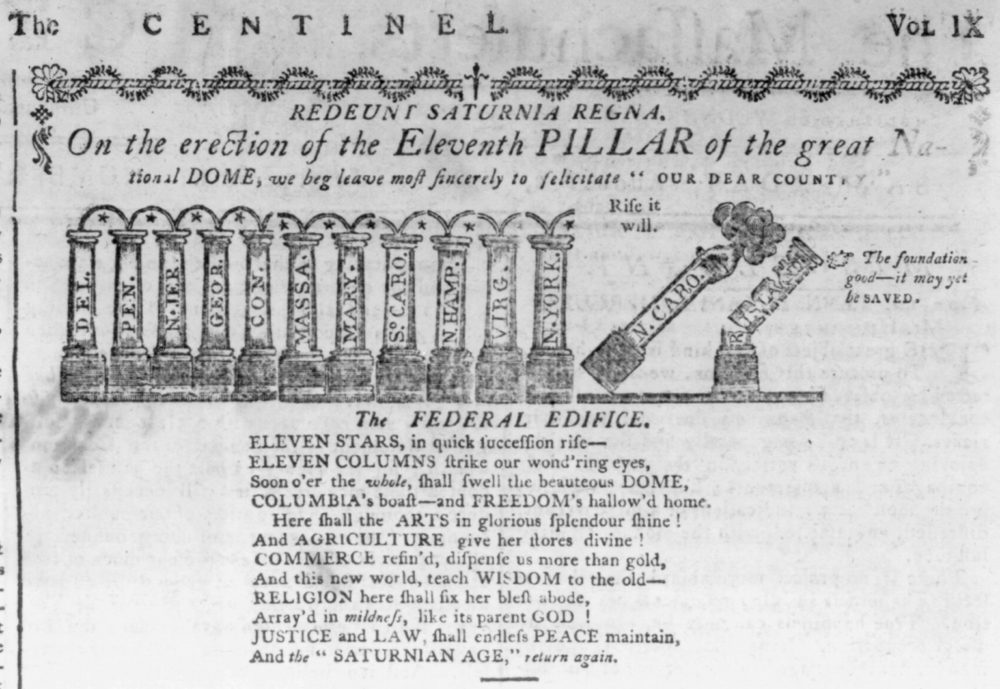 Newspaper image showing pillars being erected for a building, representing the different states that have adopted the constitution