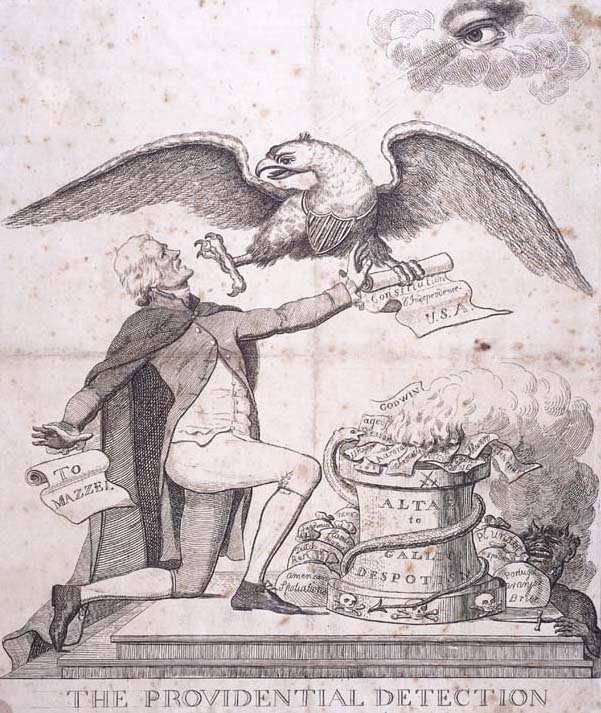 An American Eagle grabs the Constitution out of Jefferson's hand as Jefferson kneels before a flaming altar of despotism, representing Jefferson's threat to the U.S.