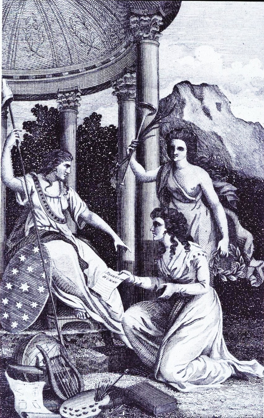 English writer Mary Wollstonecraft presents her work, “A Vindication of the Rights of Woman,” to Liberty who has the tools of the arts at her feet.