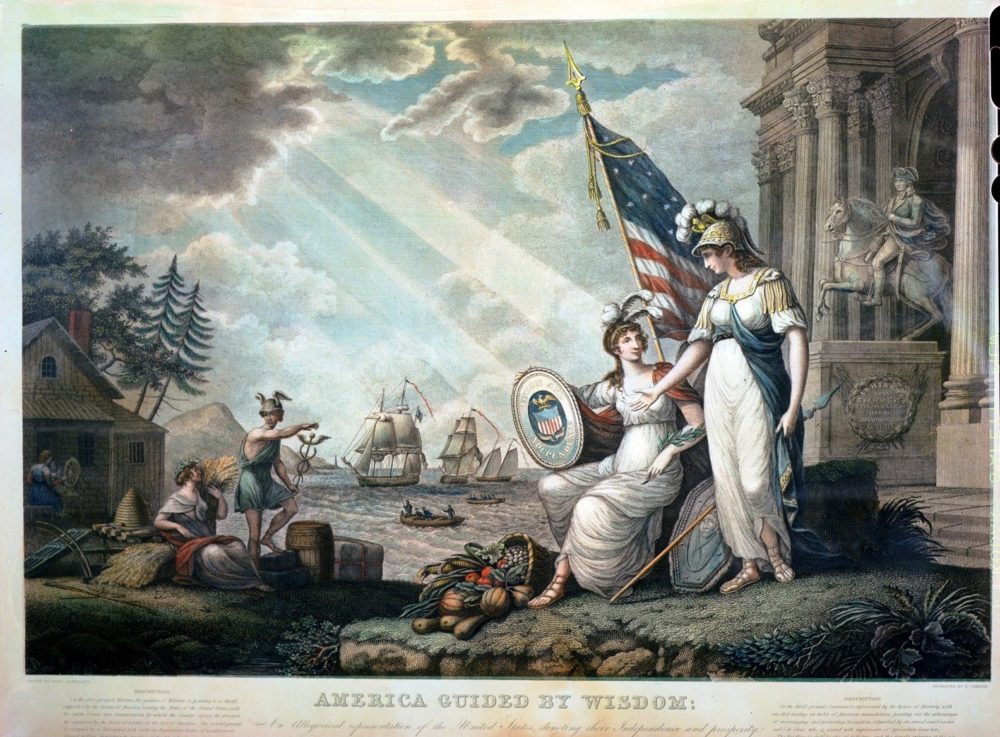 Romantic painting of the American republic, represented by a woman in white robes. The light shines on her as she holds a shield and American flag. A basket of harvest is at her feet.