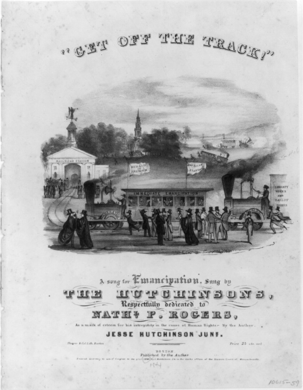 Decorative sheet music title page for "Get off the track!" showing a train depicting immediate emancipation.