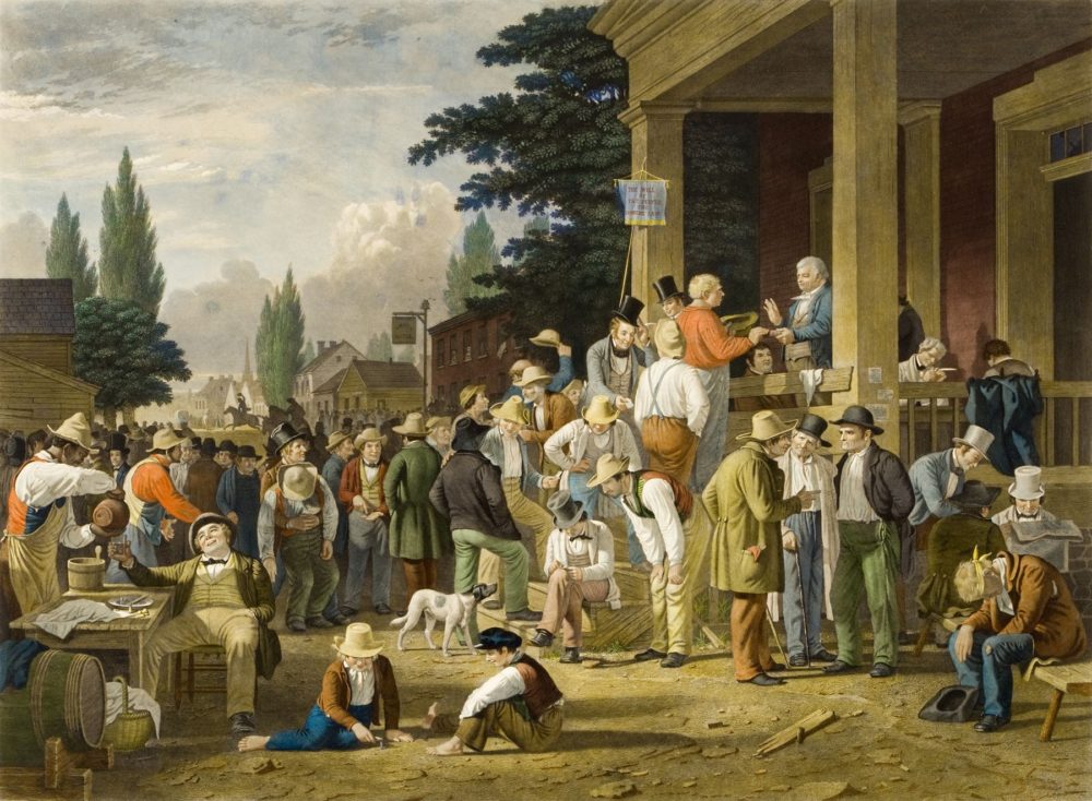 Painting of men fathering around discussing and voting outside of the town hall. Some drink, some kids play games.