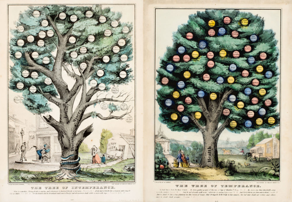 Two tress, one of intemperance depicted as a decaying tree, and another lush, green tree with colorful fruit, symbolizing temperance.