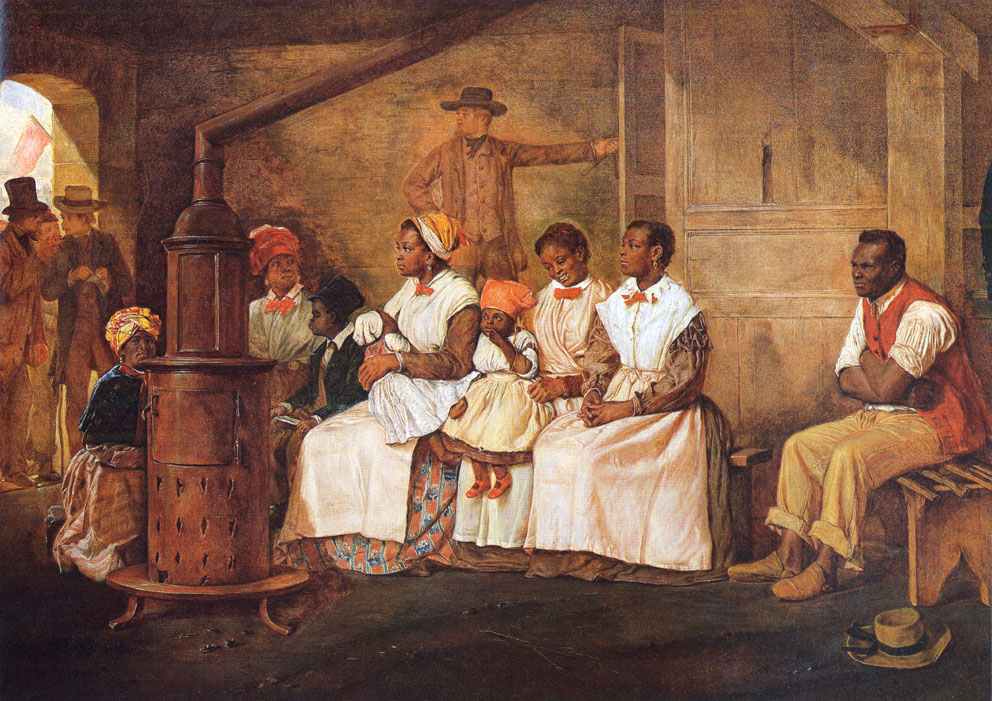 Painting of a man, women, and children waiting to be sold as slaves.