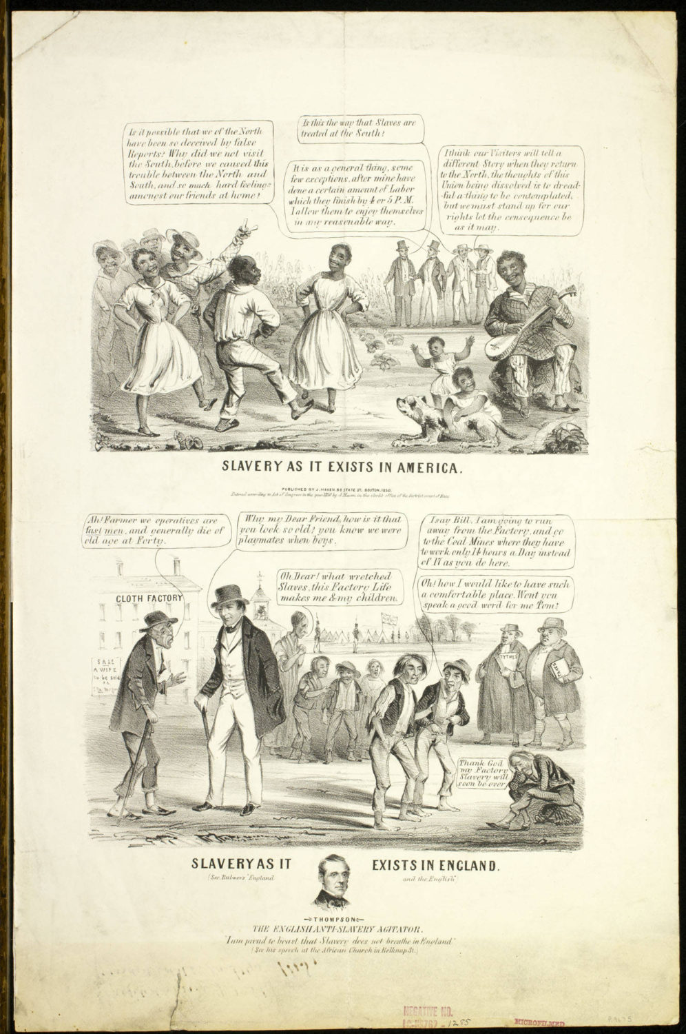 A pro-slavery advertisement depicting slaves in America as cheerful and dancing while slaves in England are downtrodden, overworked, and injured.