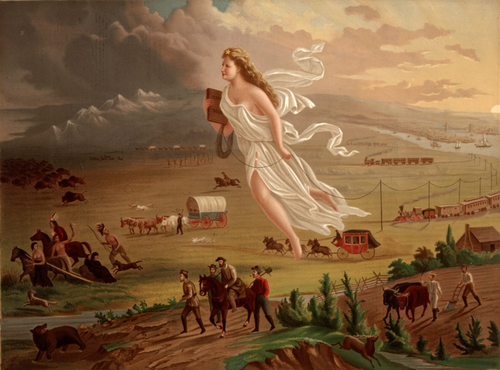 Columbia, the female figure of America, leads Americans into the West and into the future by carrying the values of republicanism (as seen through her Roman garb) and progress (shown through the inclusion of technological innovations like the telegraph) and clearing native peoples and animals, seen being pushed into the darkness.