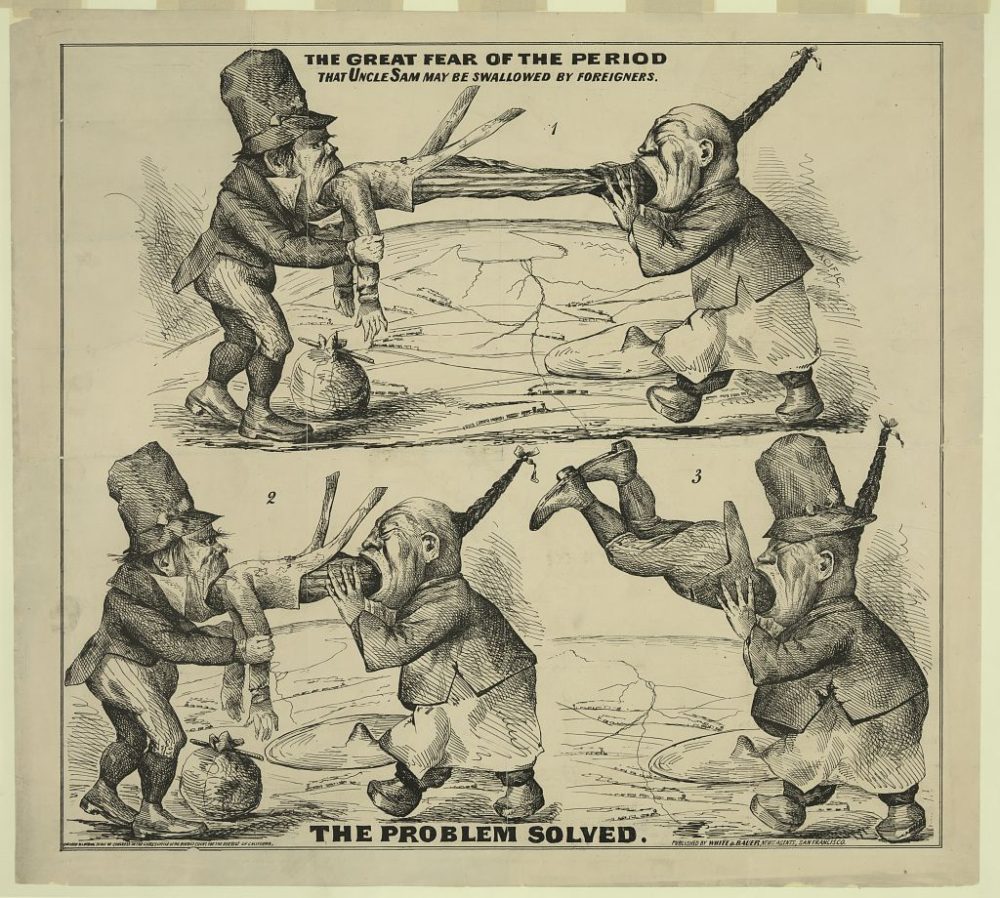 A cartoon that depicts a highly racialized image of a Chinese immigrant and Irish immigrant “swallowing” the United States–in the form of Uncle Sam. In the second image the Chinese immigrant, swallows the Irish immigrant.