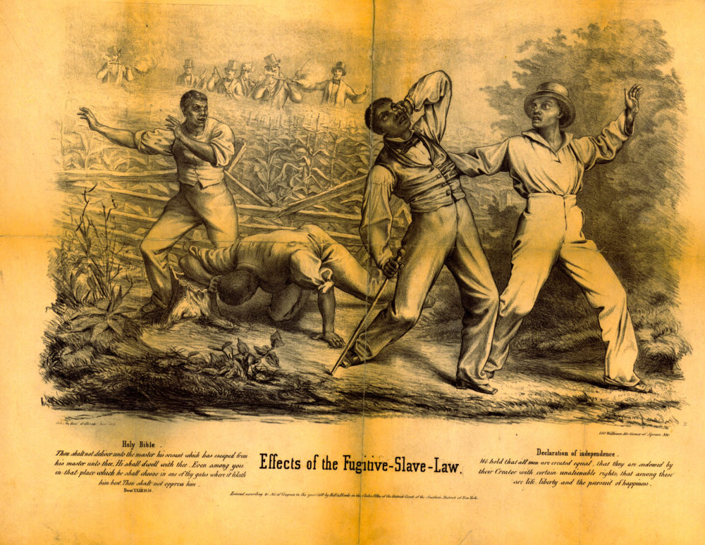 Lithograph showing four black men being hunted by white men with guns.