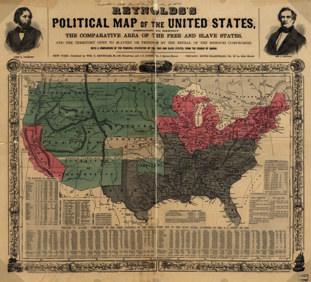 Republican propaganda map from the 1856 election makes clear distinctions between free states, slave states, and territories