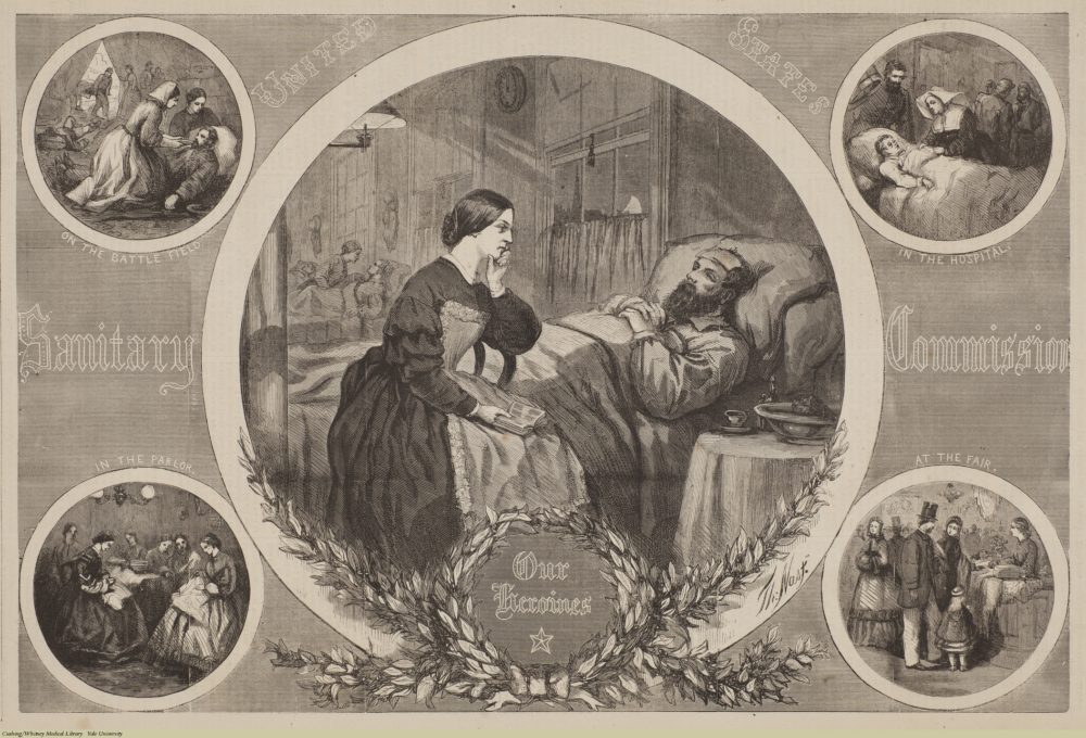 1864 image from popular periodical Harper’s Weekly shows women’s contributions on the battlefield, in the hospital, in the parlor, and at the fair.