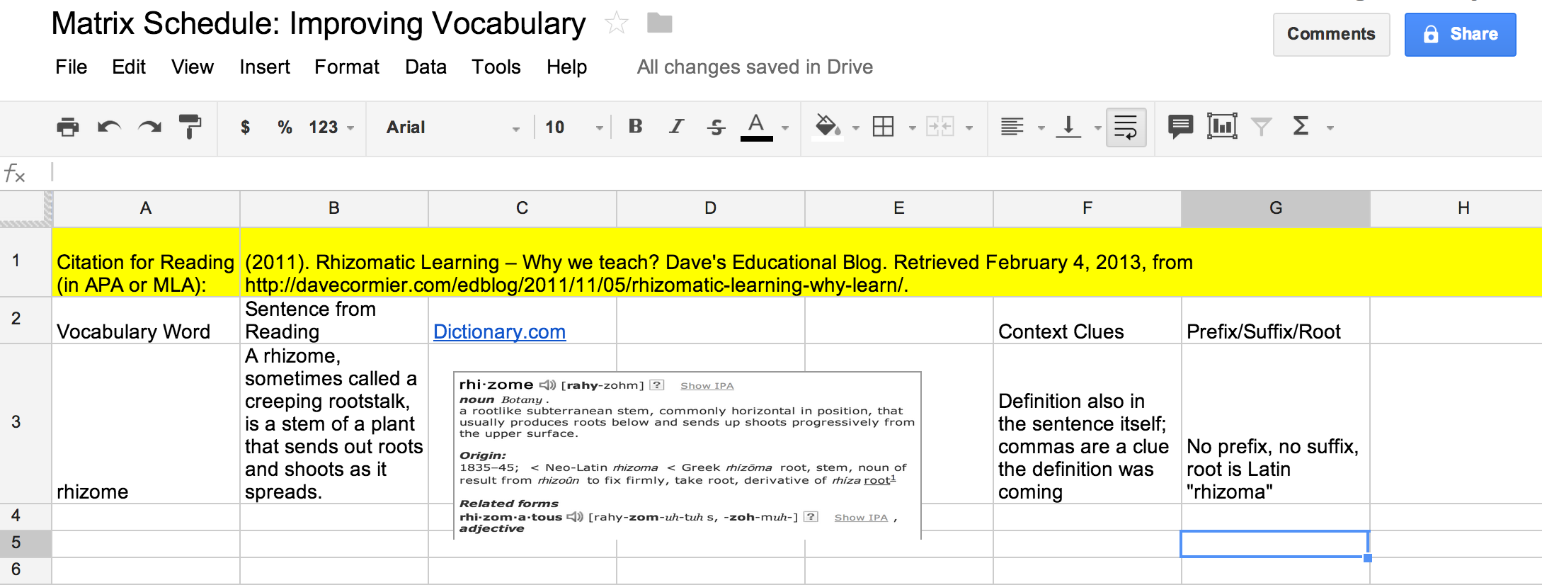 Image of Matrix showing columns for vocabulary word, sentence from reading, definition, context clues, pre/suffix/root, and citation of text