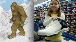 Two images: on the left, a drawing of Bigfoot. On the right, a photo of a girl holding a big show