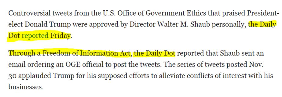 Text from the article with sentences mentioning Daily Dot highlighted. If you read carefully, the Daily Dot (another publication) is the source of each fact, e.g. “the Daily Dot reported that Shaub sent an email”, etc.