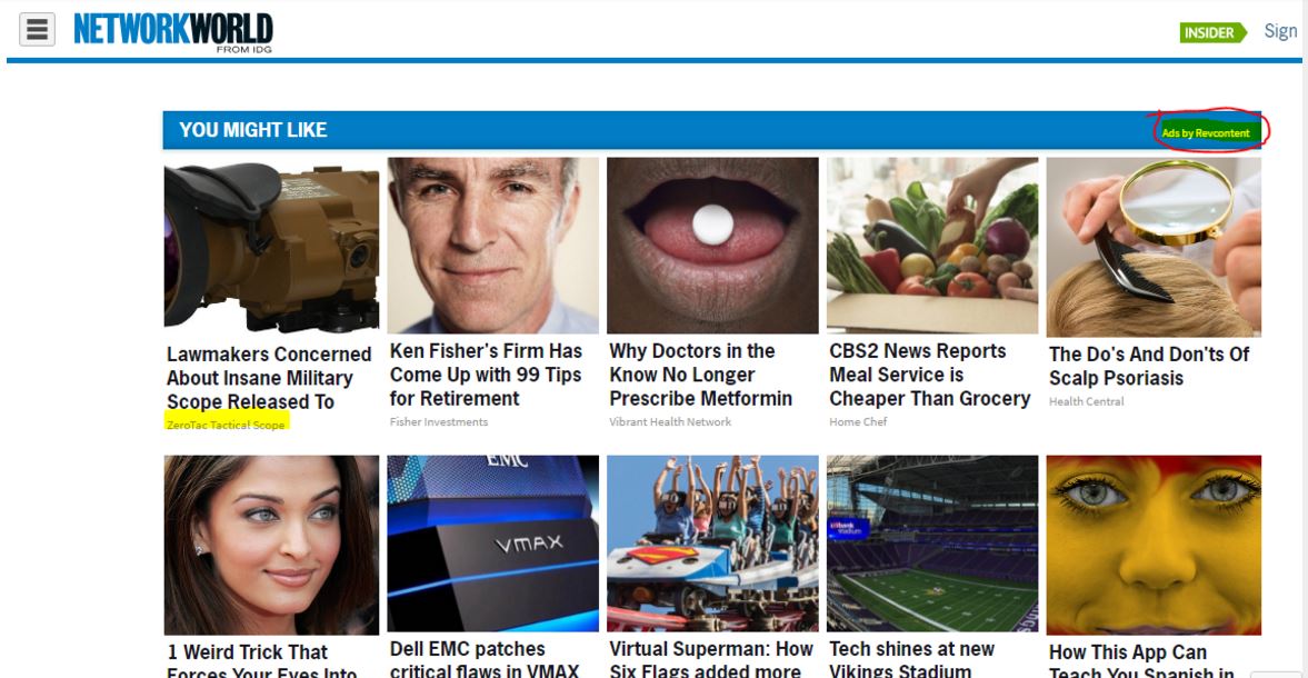 A screenshot of a page from the publication Network World. There are ten stories at the bottom of the page, but in small print under each one is an indication that they were paid for by an advertiser. The one in the upper left corner reads “Lawmakers Concerned About Insane Military Scope Released to Public” and is sponsored by “ZeroTac Tactical Scopes”.