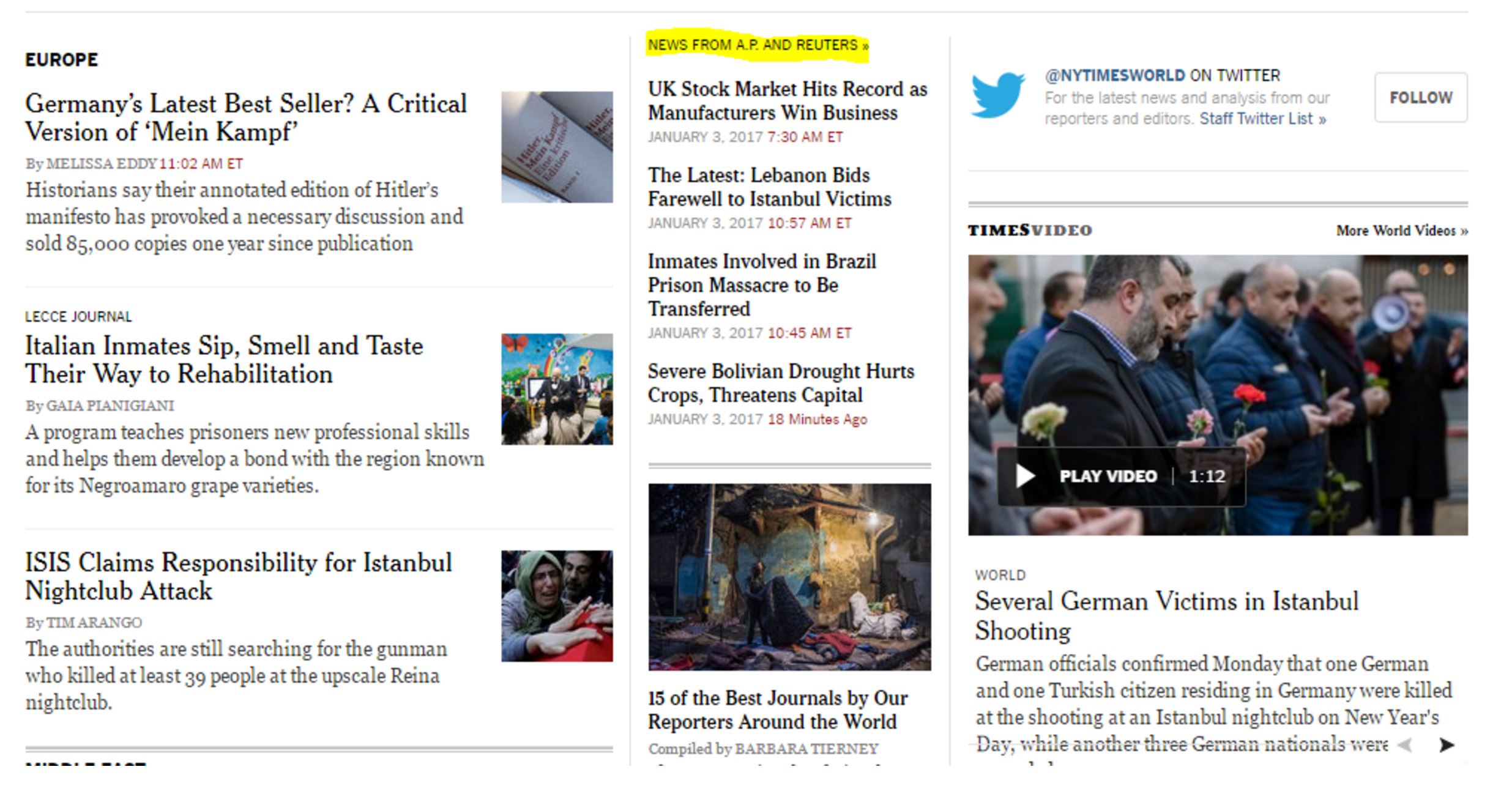 A screenshot of a New York Times webpage with many items on it. In the middle column of items, a small “News from AP and Reuters” tops the column.