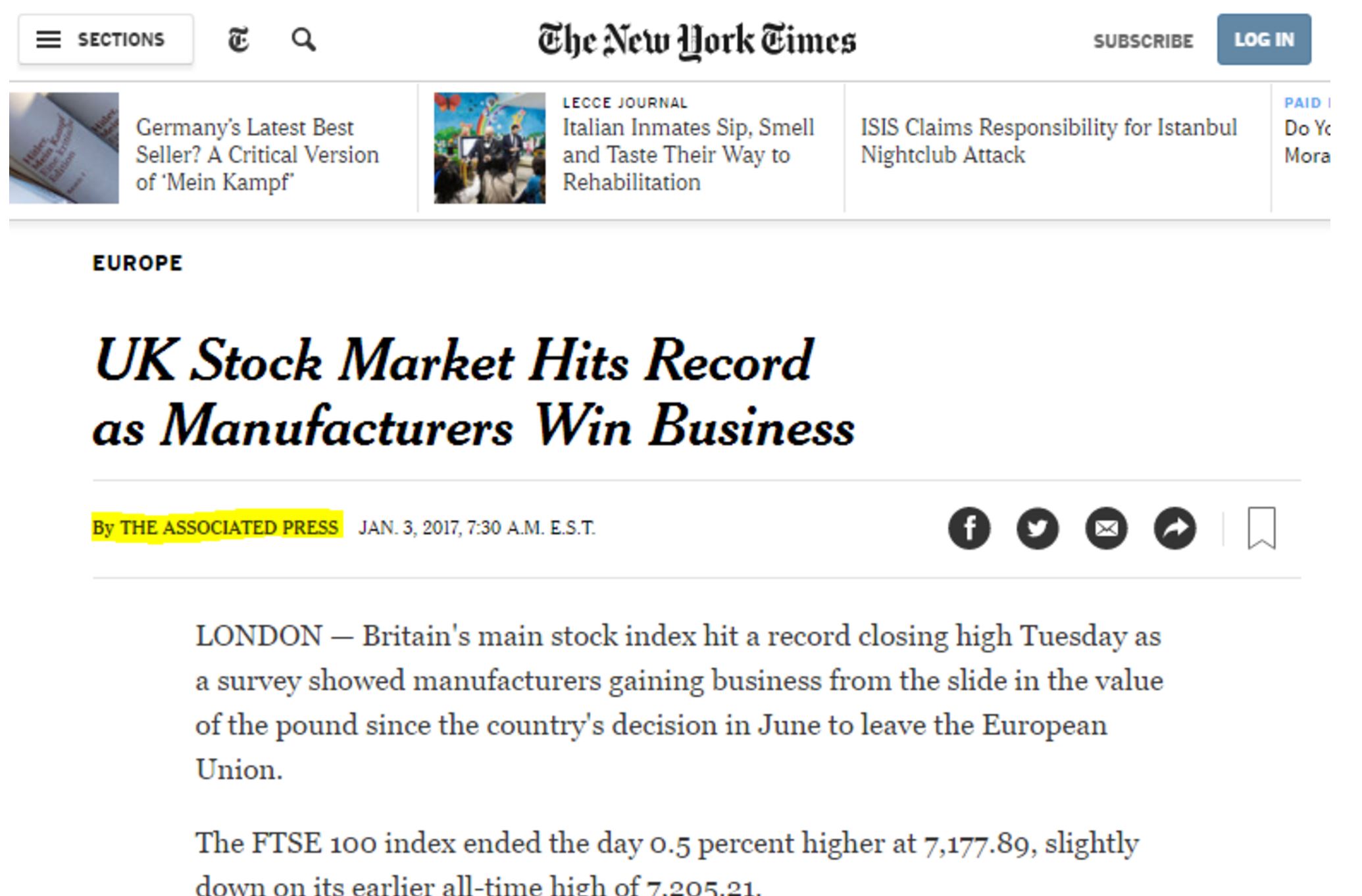 New York Times article with headline “UK Stock Market Hits Record as Manufacturers Win Business”. Where a reporters name might usually appear under the headline is a small “by the Associated Press”