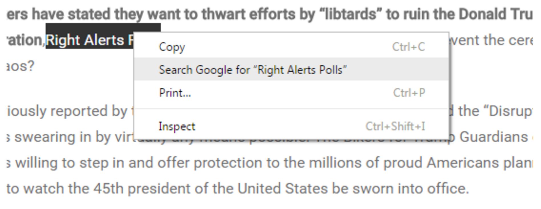 Screenshot of the result of selecting and right-clicking. The term “Rights Alerts Polls” is highlighted and a context menu shown. The context menu offers an option to “Search Google for ‘Rights Alerts Polls’.” Note that you could do this without using the context menu: just copy and paste the phrase into to a Google search box.