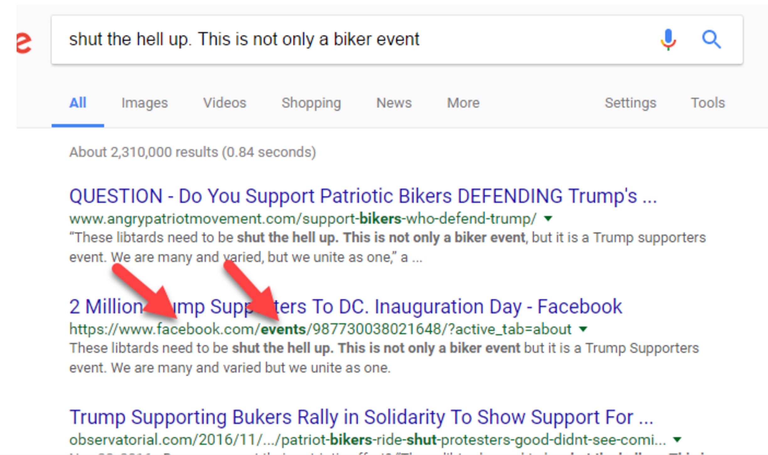 The Google search results for “shut the hell up. This is not only a biker event”. The second result (which the screenshot calls attention to) has a web address on Facebook and is in the subdirectory of “events”.
