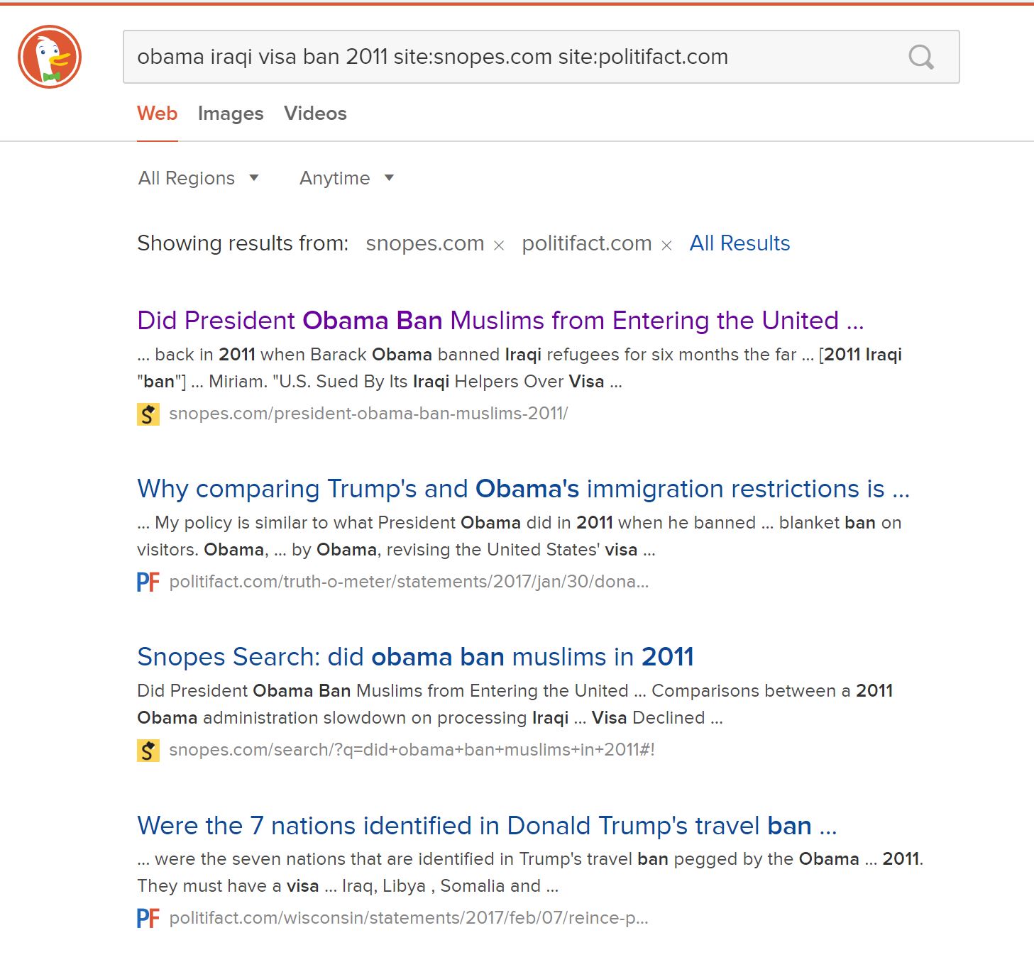 A set of Duck Duck Go search results. The top results are from fact-checking sites Snopes and Politifact.