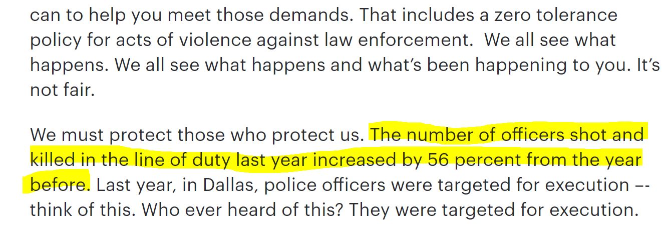A segment of a President Trump speech that reads “We must protect those who protect us. The number of officers shot and killed in the line of duty last year increased by 56 percent from the year before.”