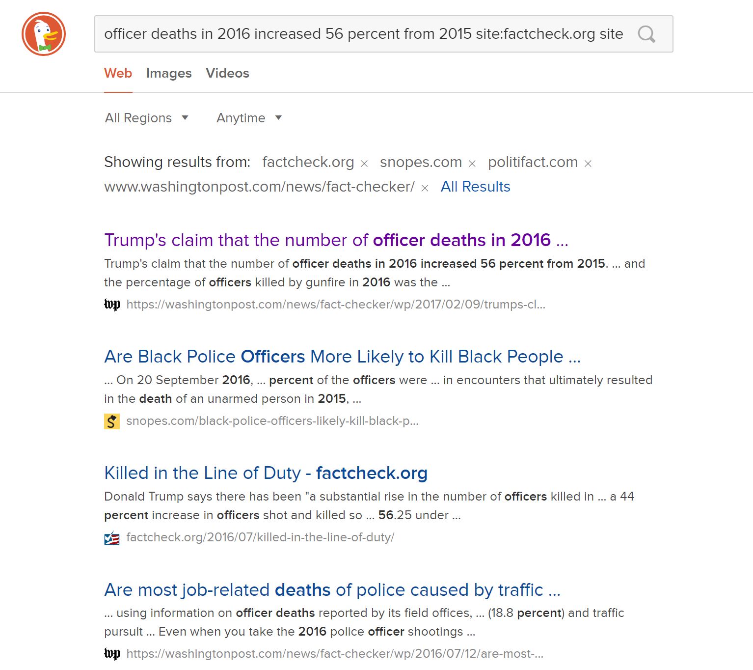 Duck Duck Go search results. The top search result is an article from the Washington Post fact-checker and we can see the highlighted text that matches our query.
