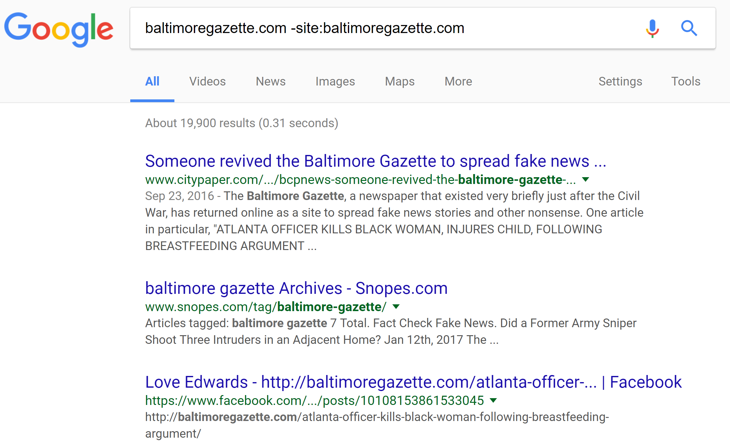A Google search tip demonstrating how to exclude a specific site from search results. The string used in the example is “baltimoregazette.com -site:baltimoregazette.com”. This would search all sites except for “baltimoregazette.com”.